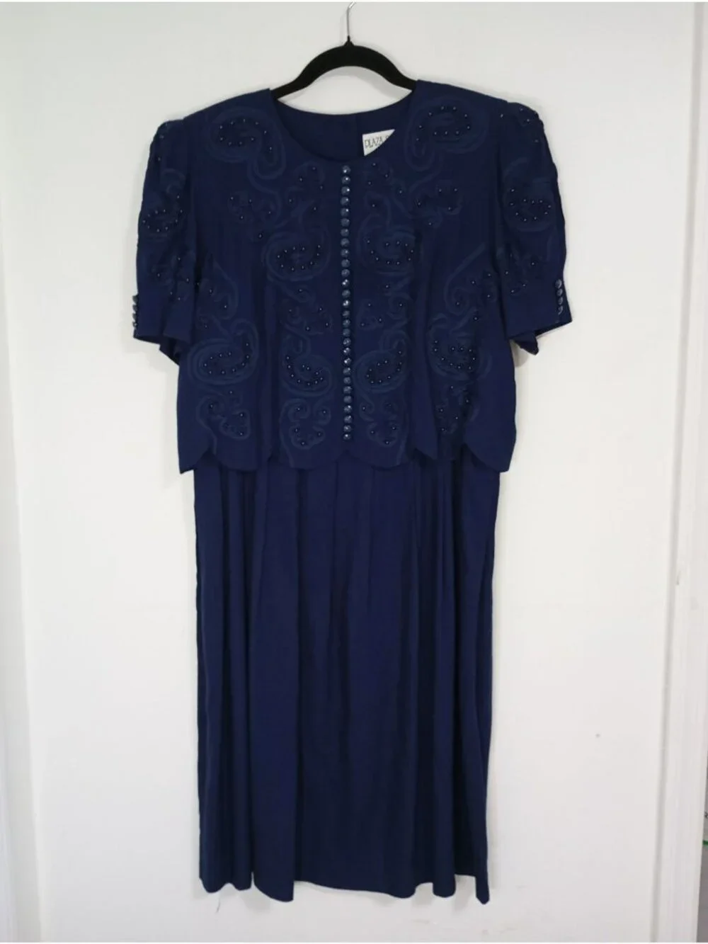 Vintage Plaza South Petites Navy Blue Embellished Dress Button Details Size 12